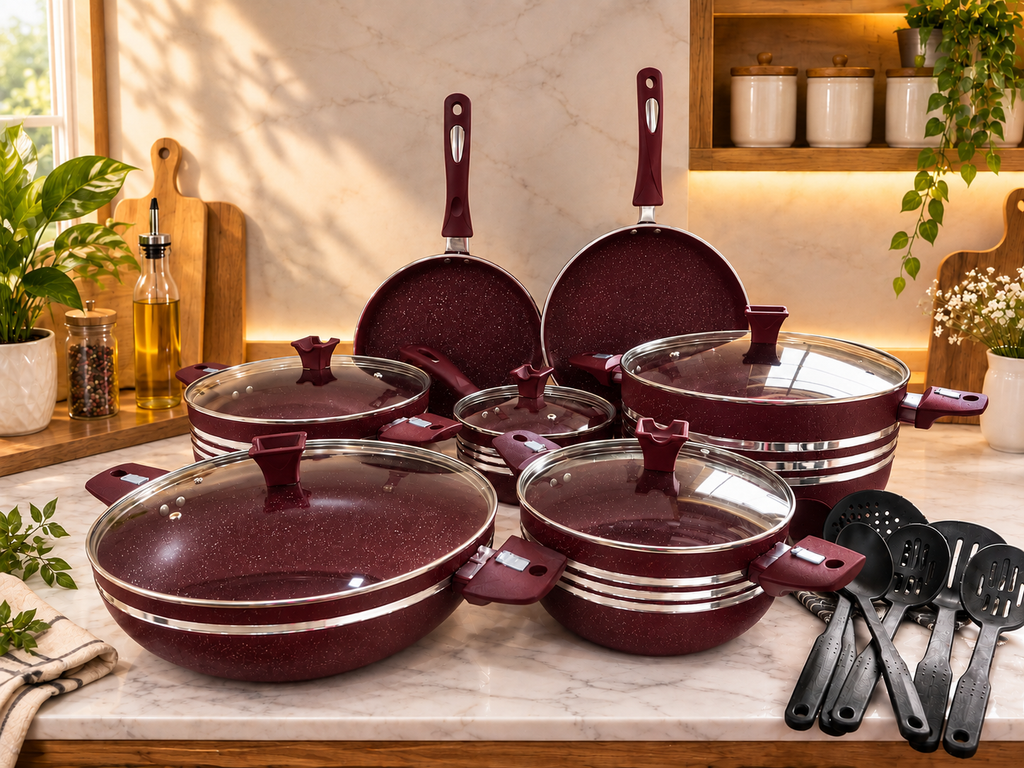 Complete 18-Piece Non-Stick Cookware Set | Maroon