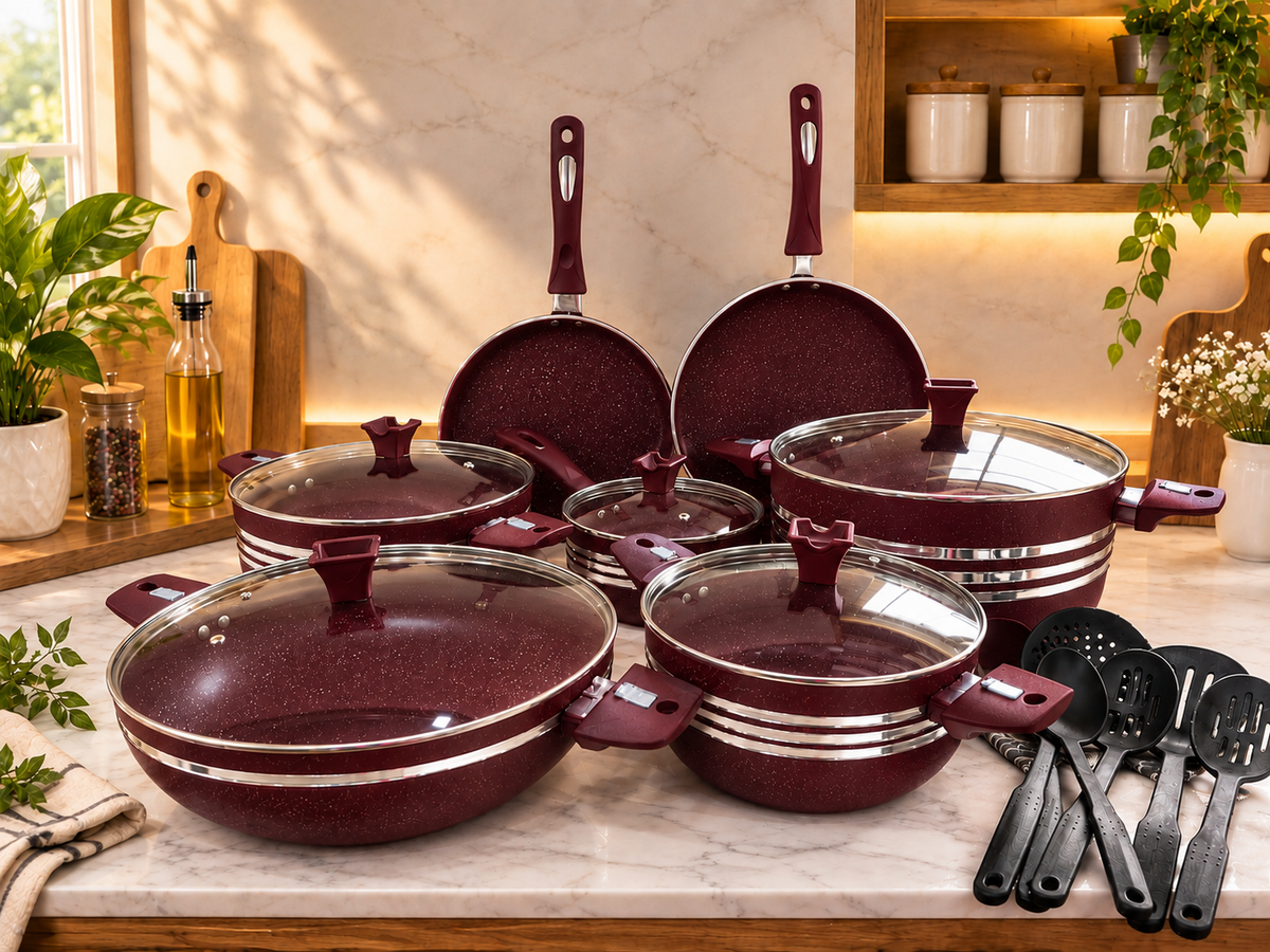Complete 18-Piece Non-Stick Cookware Set | Maroon