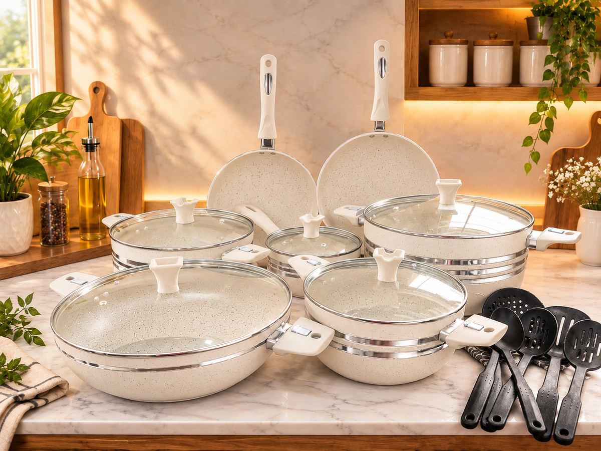 Complete 18-Piece Non-Stick Cookware Set | Off-White